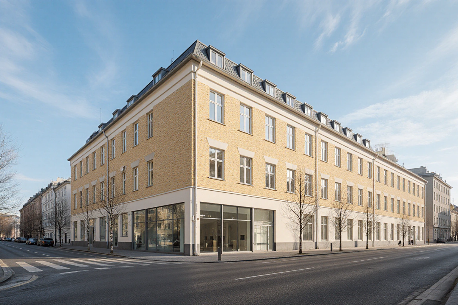 Multi-storey residential and commercial building on a Swedish city street