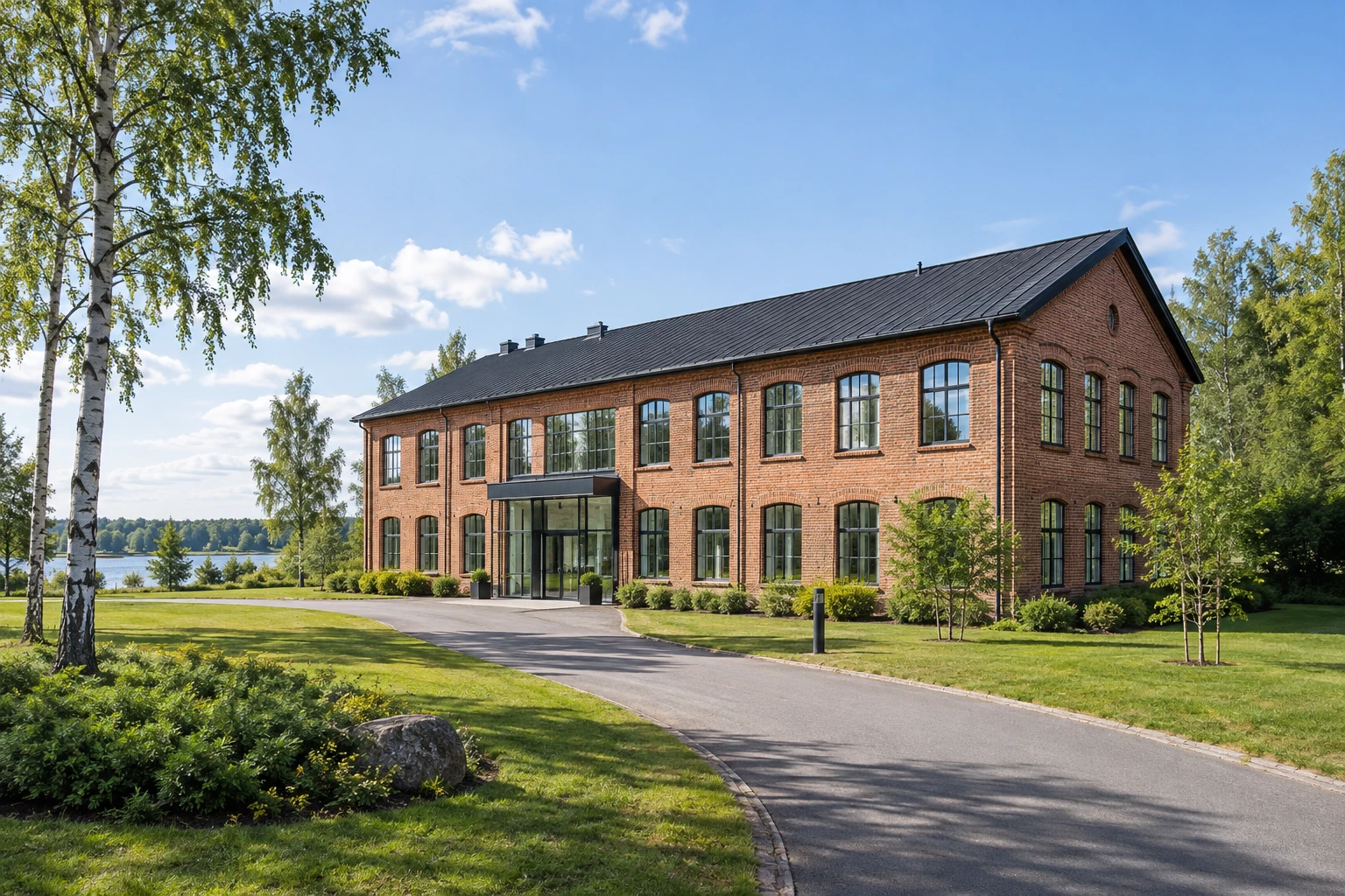 Brick business premises with green grounds in a Swedish landscape